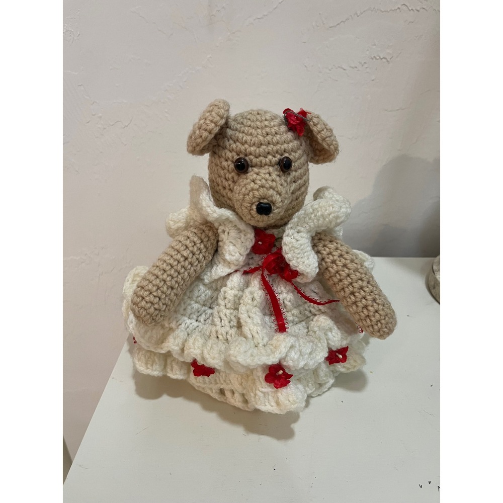 Handmade Crochet Teddy Bear Plush Tan White Red Dress Small Excellent Amigurumi
